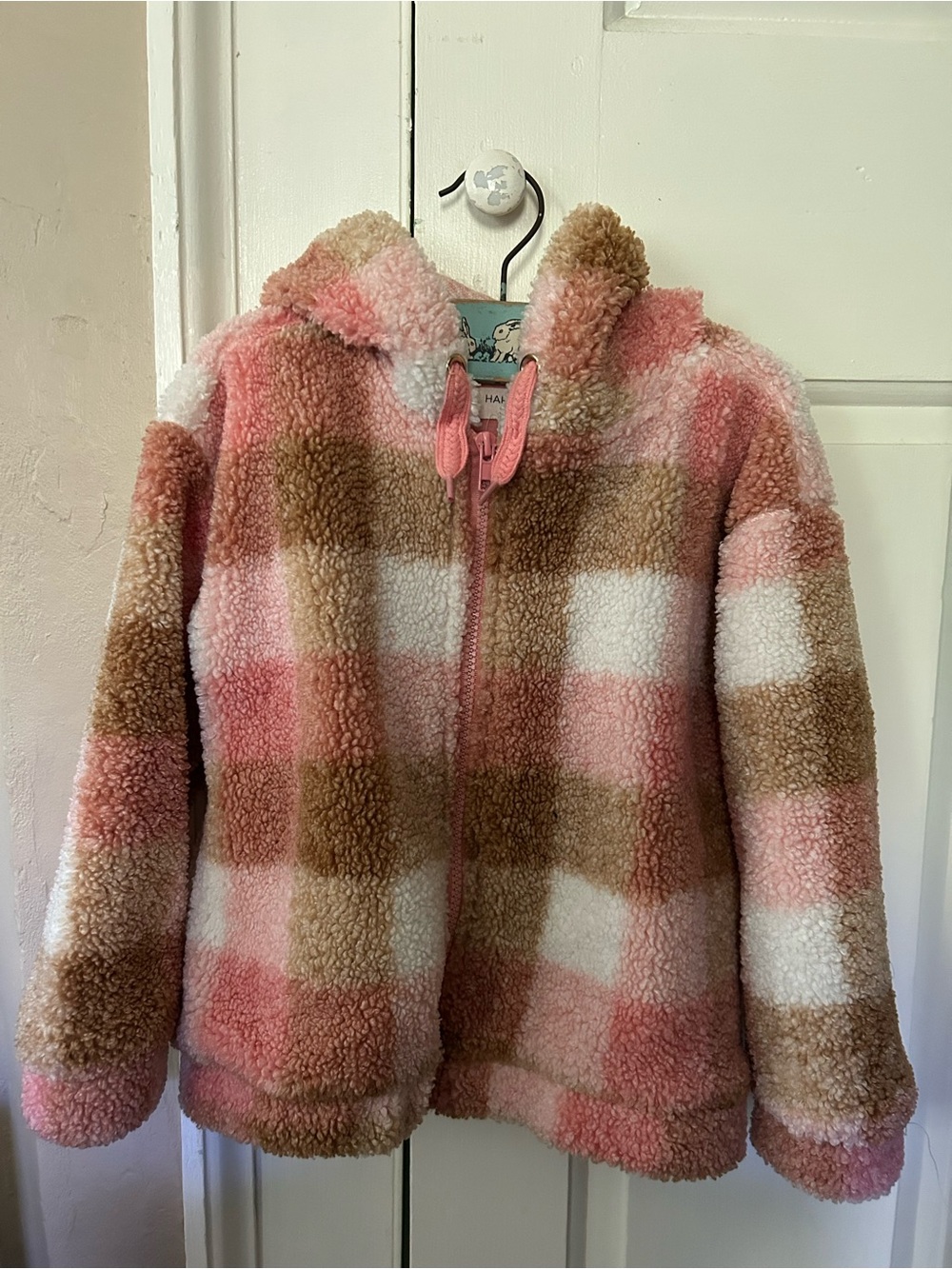 Cozy Plaid Hooded Sherpa Jacket - Pink, Brown & Cream